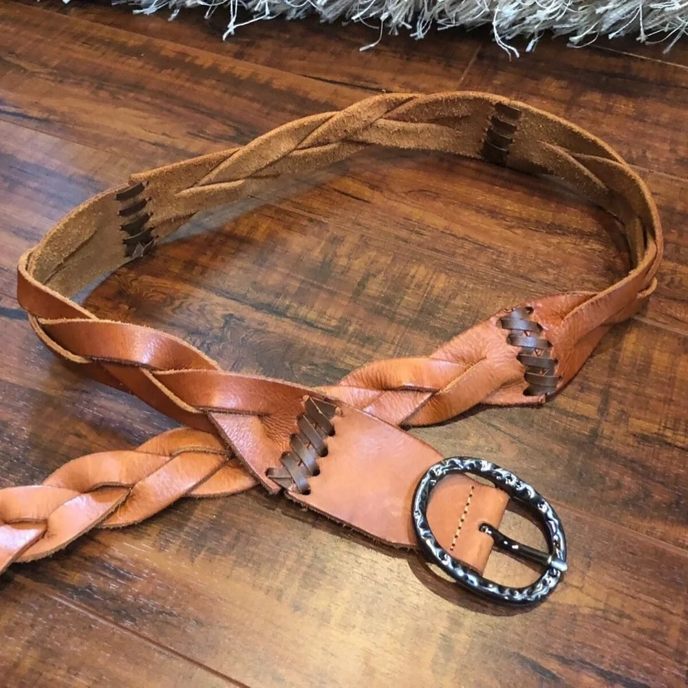 Vintage Bohemian Hippy Distressed Cognac Brown Woven Braided Leather Bel…